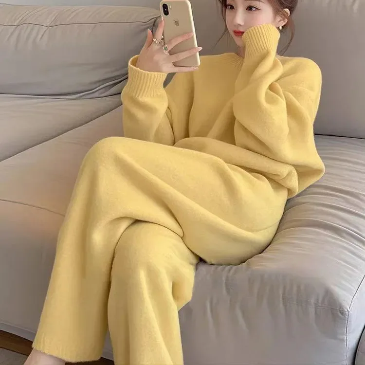 

Two Pieces Women Knitted Pant Sets Solid Matching Sets Round Neck Pullover Full Length Elastic Waist Pants 2025 Autumn Winter