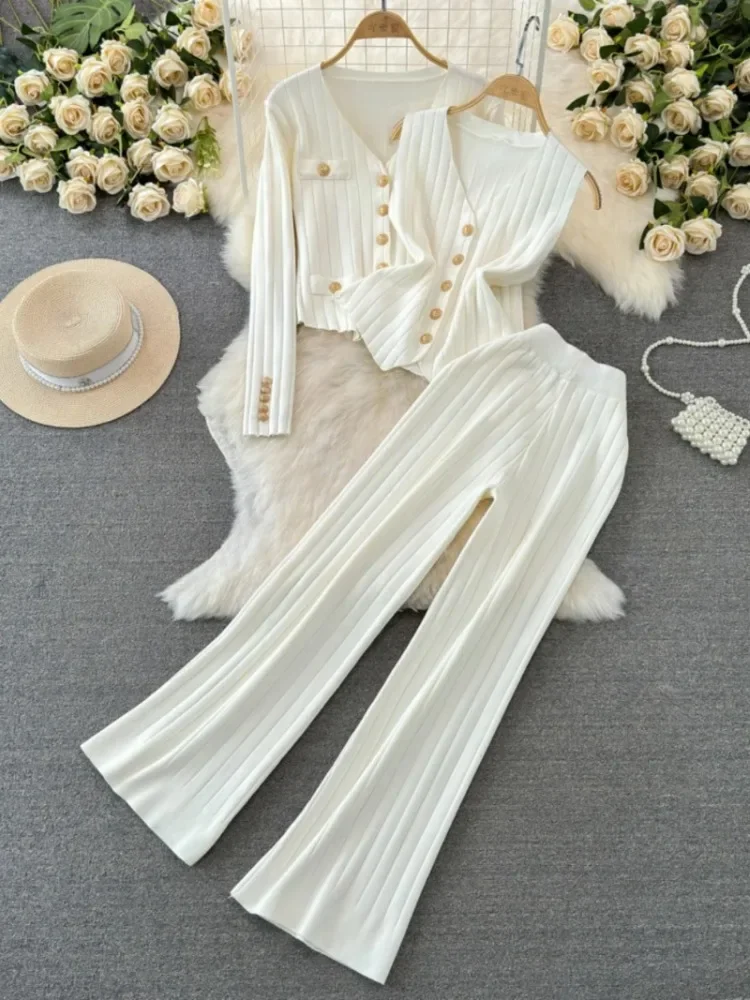 

Fashion Knitted Three Pieces Sets Single Breasted Cardigan+Tank Top+High Waist Wide Leg Long Pants 2024 New Solid Sweater Suits