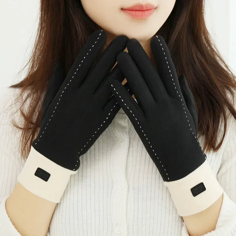Touch screen caldo invernale da donna più ispessimento interno in velluto Guanti antivento da ciclismo e da guida semplici e alla moda in tinta unita