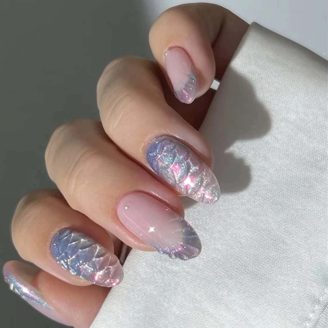 

Fish Scale Glitter Powder Long Pointed Fake Nail Shell Pearl Cat Eye Starfish Summer Ripple False Nails Art Charm Press on Nails