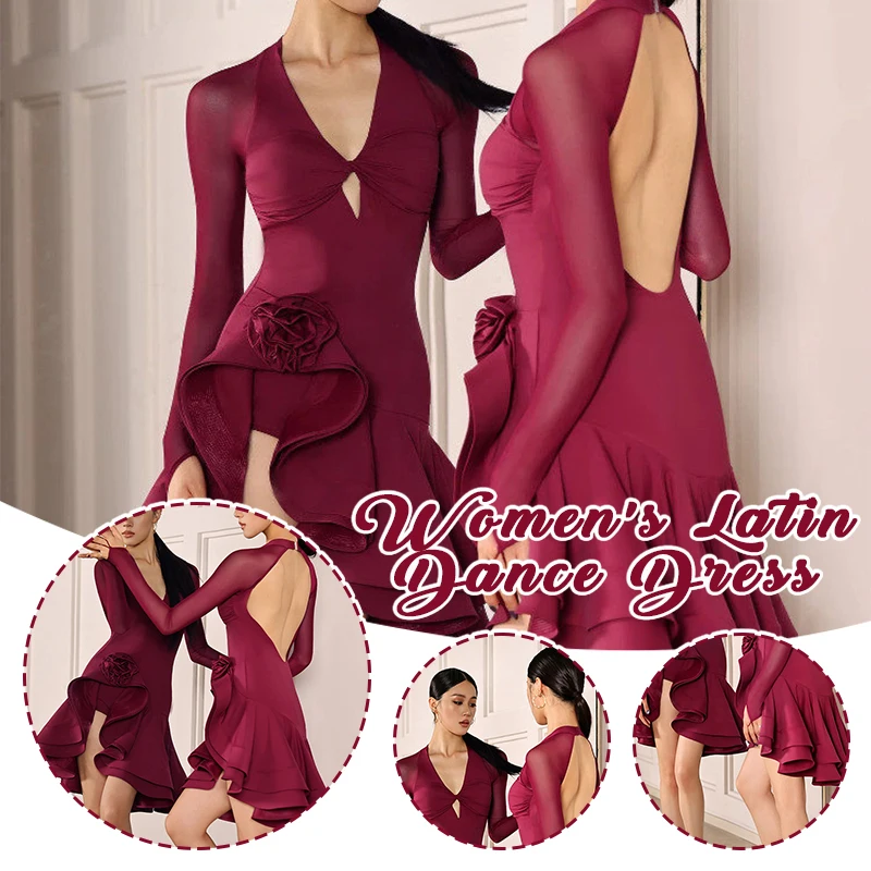 women-latin-dance-dress-wine-red-long-sleeve-floral-fishbone-corset-tango-salsa-cha-cha-ballroom-performance-competition-costume