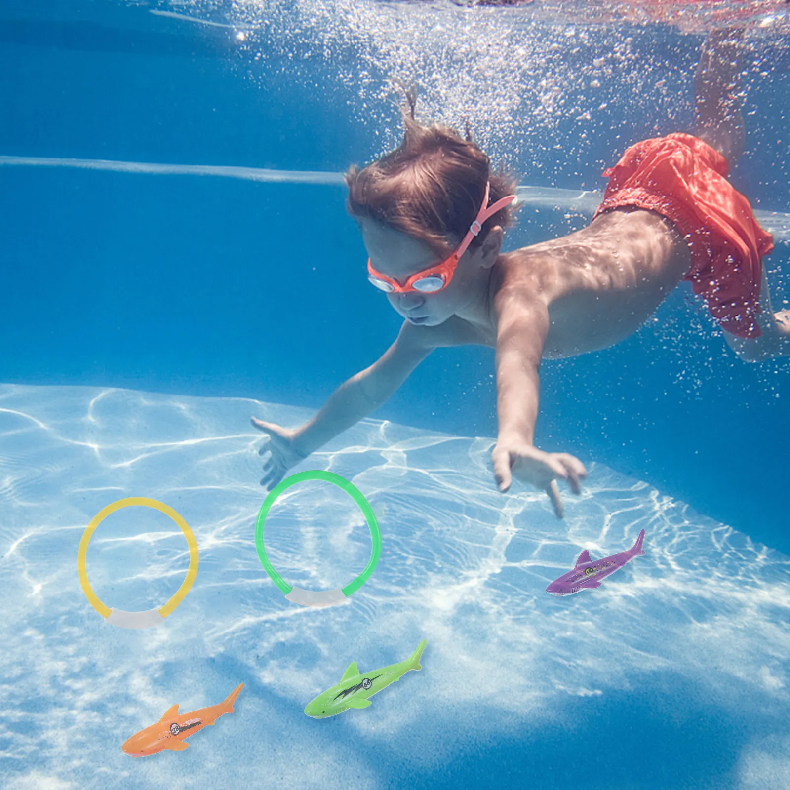 8Pcs Diving Ring Set with Shark Shapes for Pool Play Bright Colors Smooth Edges Encourages Touch Exploration Swimming Skill