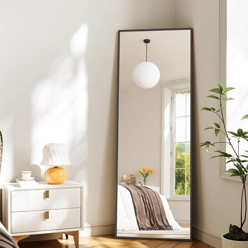 Espejo con marco de aluminio de longitud completa, 64x21 con soporte, independiente o montado en la pared, espejo de cuerpo completo para uso doméstico