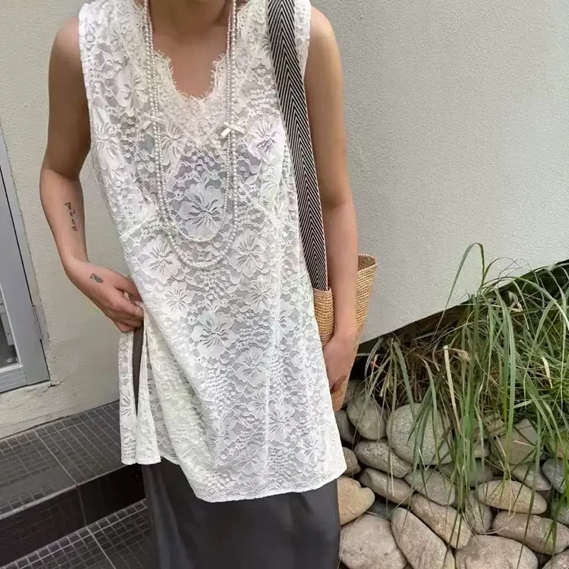 

2026 New Plus Size Lace Sleeveless Tank Top V Neck Hollow Out Longline Loose Tummy Control Summer Blouse for Women