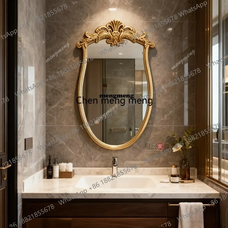 French retro bathroom mirror wall hanging bathroom carved makeup mirror light luxury special-shaped entrance decorative mirror