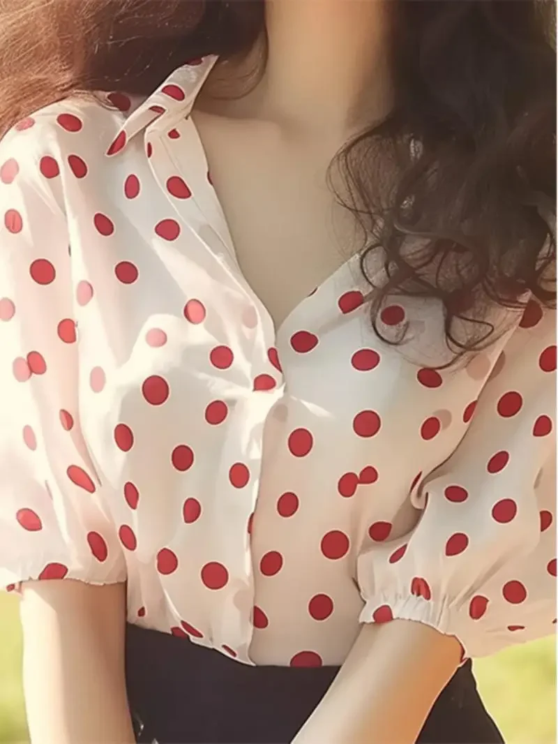

French Style Blouse Puff Sleeve Cracker Khaki Polka Dot Short Sleeve Shirt Women Summer Niche Design Office Lady Sensibility Top