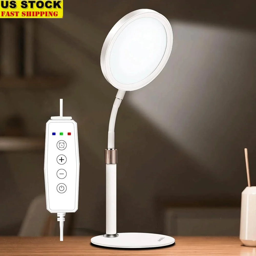 UV-Free Light Therapy Lamp 10000 Lux with Adjustable Brightness 3 Color Temperature Modes Timer Gooseneck Design Seasonal