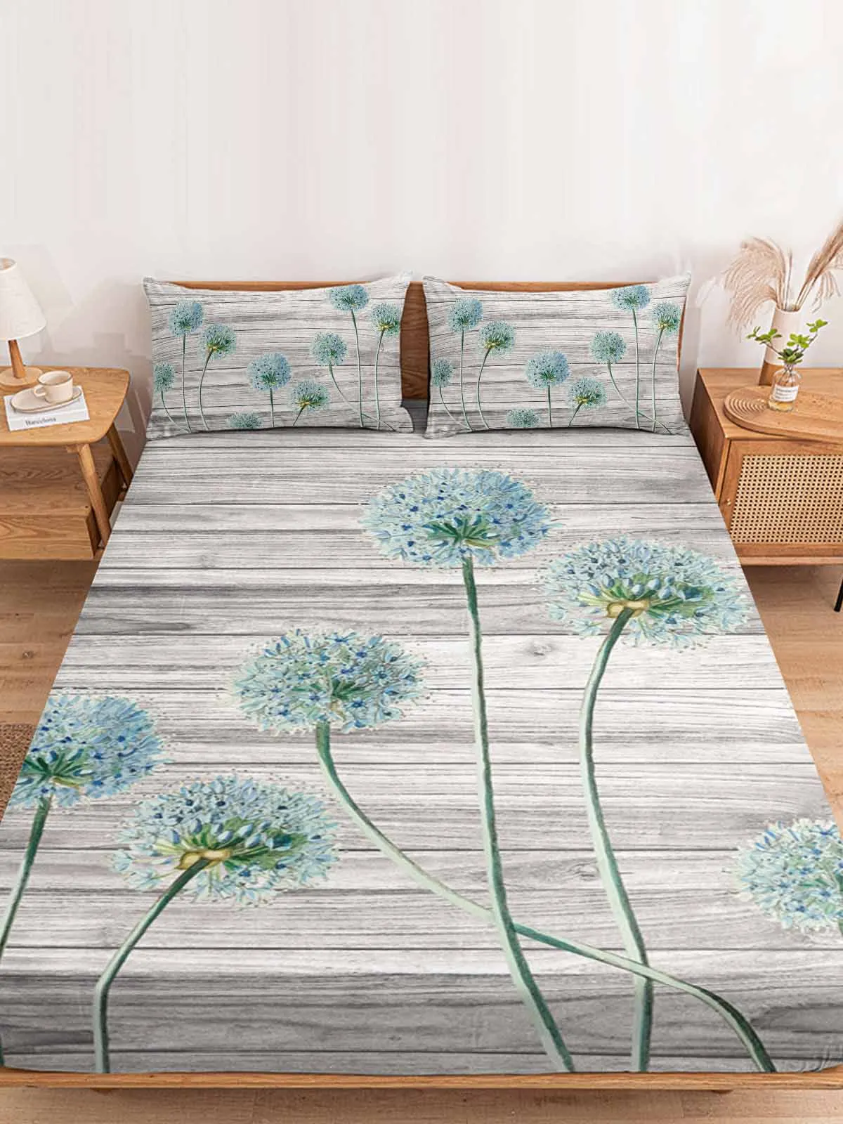 Dandelion Vintage Flower Plant Board Queen Size Bed Mattress Fitted sheet Elastic Rubber Band Non-slip Bed Sheet Pillowcase Set