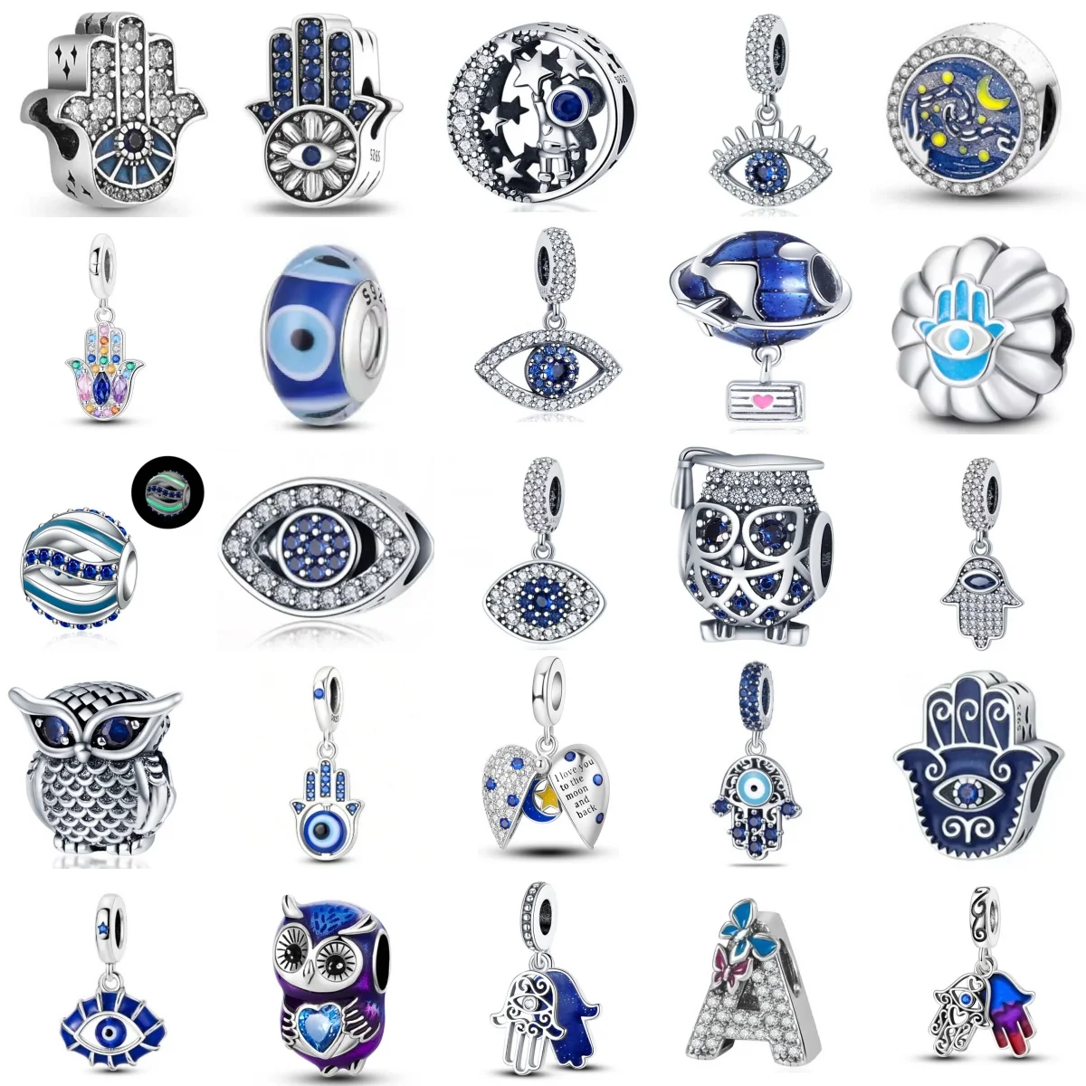 

Fashionable 925 Silver Devil's Eye Pendant Charm Owl Palm Pendant Suitable for European Original Bracelet DIY Women's Jewelry