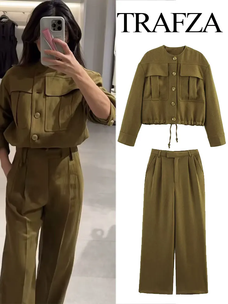 

TRAFZA Women's Retro Military Green High Waist Wide Pleated Pants 2-piece Set Round Neck Single-breasted Women's Street Jacket