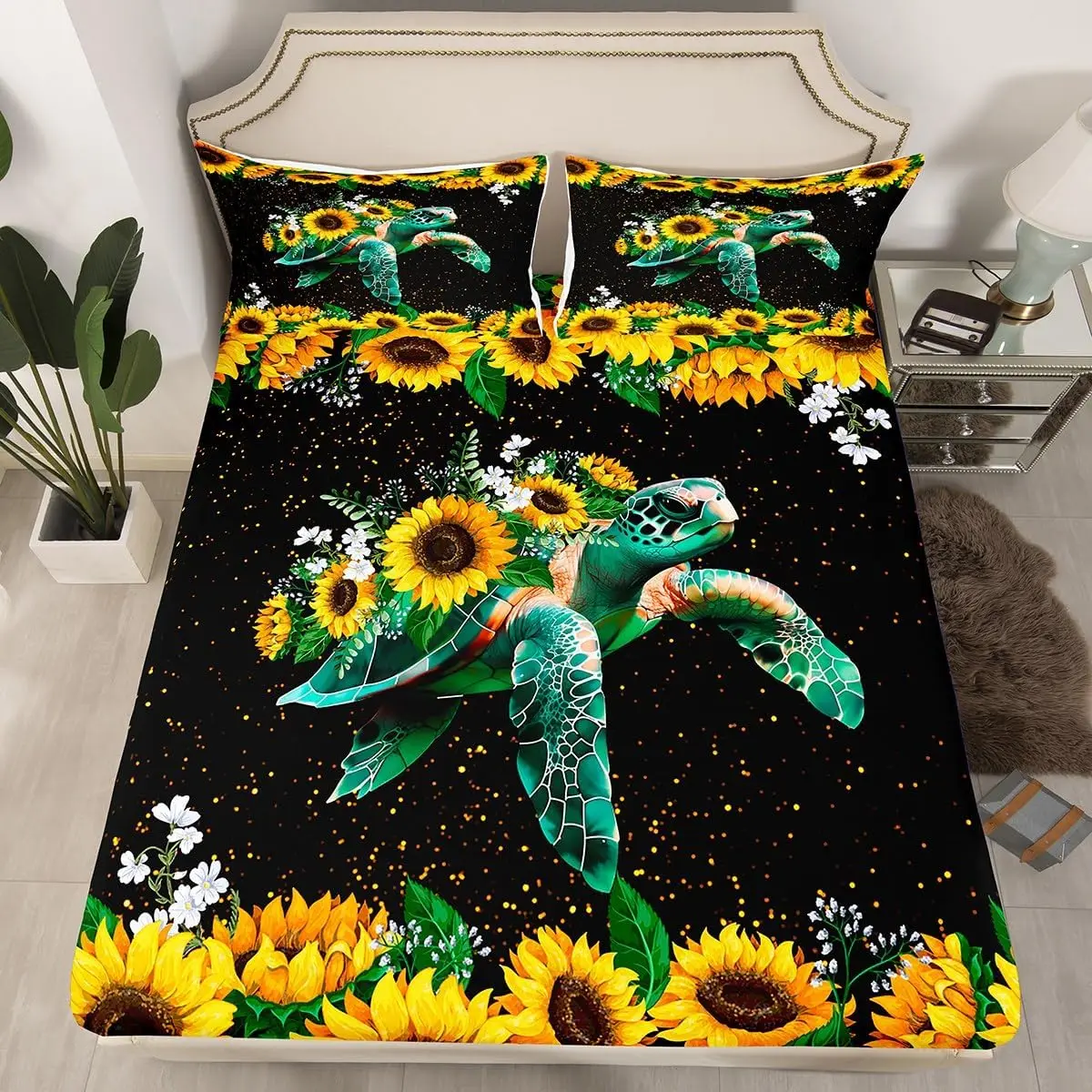 Sea Turtle Fitted Sheet with Deep Pocket Cartoon Ocean Animal Bed Sheet Set Twin King Reptile Tortoise Bed Cover (No Flat Sheet)