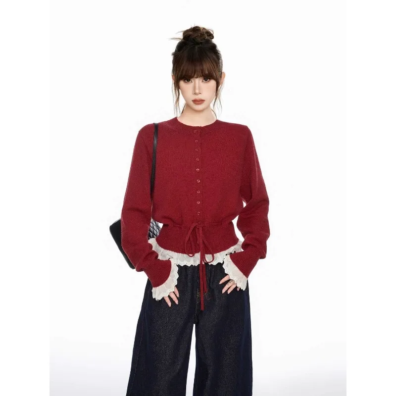 

Fake Two-piece Lace Knitted Cardigan for Women Early Autumn High-end Slim Sweater Jacket Korean Style Top