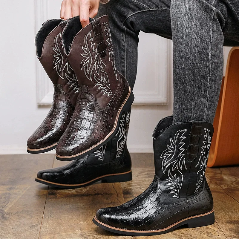 Men's Croc-Embossed Western Cowboy Boots Embroidered Mid-Calf Leather Booties with Square Toe Low Block Heel Vintage Footwear view 4
