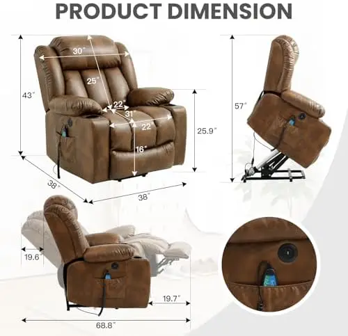 Factory Direct Power Lift Recliner Chair Elderly Massage Heat Breathable Leather 2 Cup Holders USB Ports Electric Support Remote