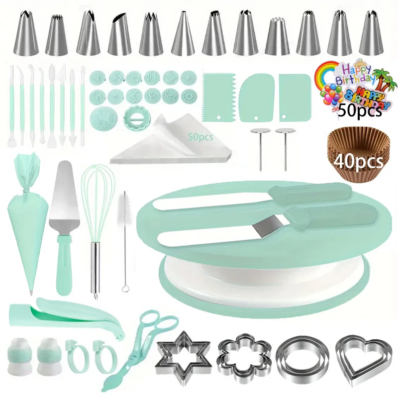 

204PCS Cake Decorating Set - Non-Slip Turntable with 12 Piping Tips, Fondant Molds & Complete Tools for Professional DIY Baking