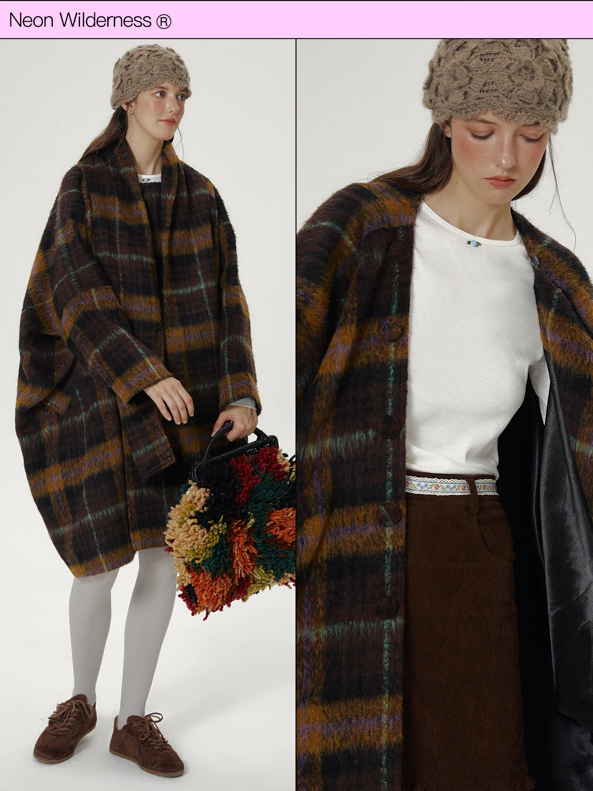 

Neon Wildern Vintage Plaid oulder Drape Coat Detachable Scarf Polyester Fiber Long Sve Mid-Length Women's Coat