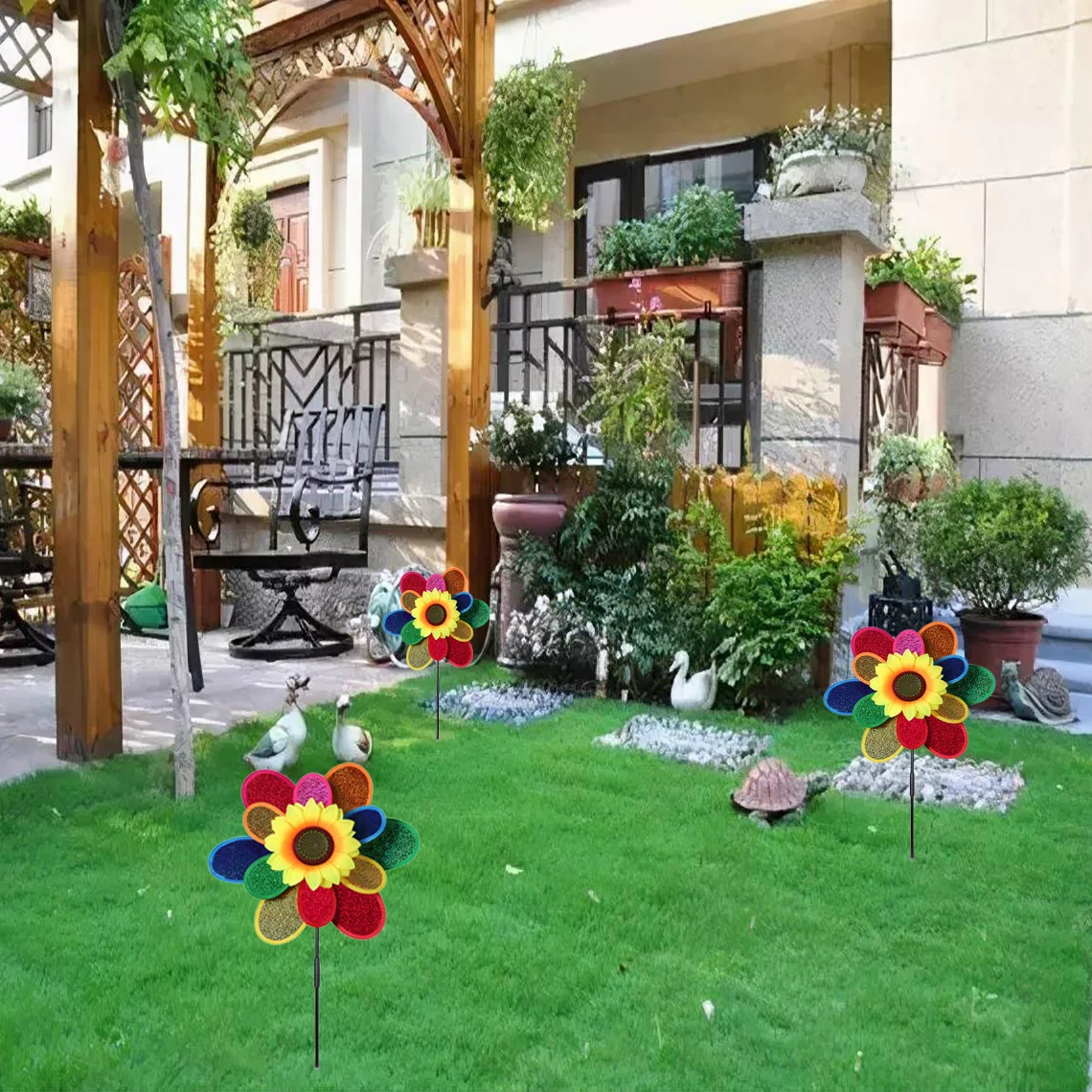 Double-layer Sunflower-shape Windmill Layout Pinwheels Colorful Sequin Windmill For Home Yard Garden Park Outdoor Decoration