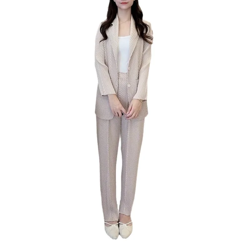 Miyake Pleated 2026 New Summer Pleated Suit Set Elegant Jacket High Waist Straight Pants Commuter Versatile Two-Piece Set Pleat