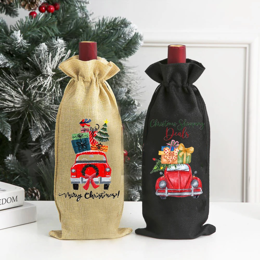 Christmas Tree Car Printed Wine Bag Wine Bottle Burlap Dust Cover New Year Party Wine Bottle Decoration Gifts for Family Friend