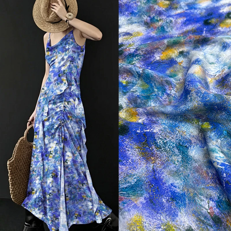Gorgeous Printed Stretch Blue Silk Fabric for DIY Sewing Soft Pants Blouse Dress Pajamas 140CM Wide 20MM Thick R6933