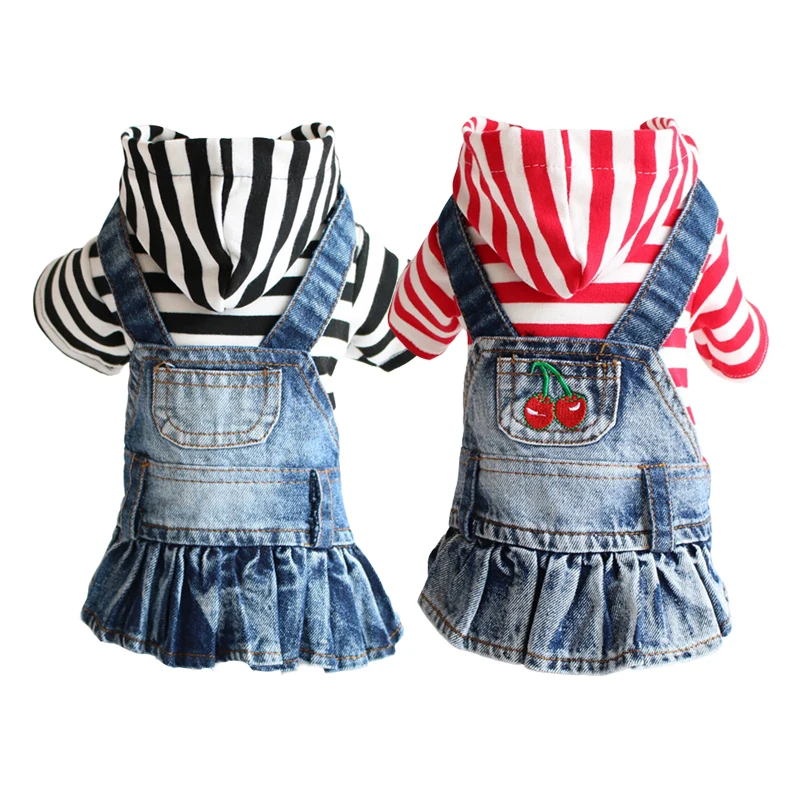 Denim Dog Jacket Classic Stripe Pet Clothes for Small Medium Dogs Jeans Dress Cherry Embroidery Puppy Outfit Cowboy Skirt XS-XL