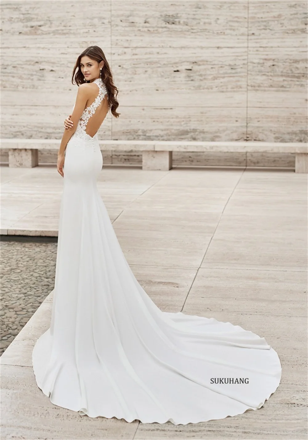 High Neck Lace Wedding Gowns Sheath Stain Women Bridal Gowns Keyhole back Vestido De Novia  Customiz