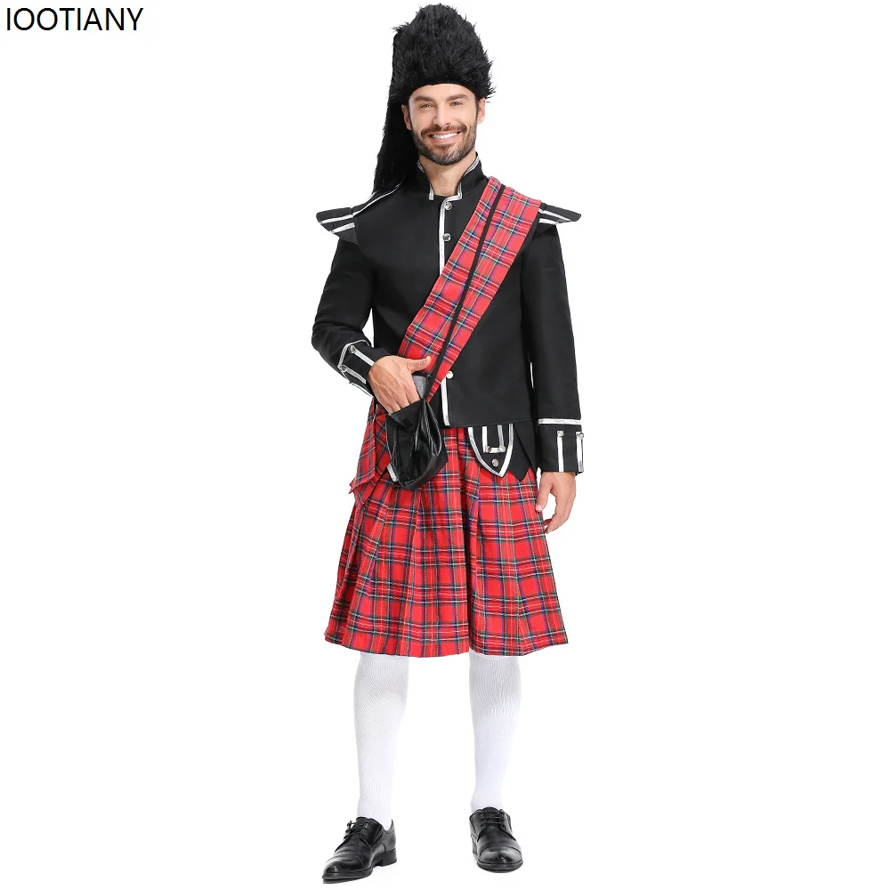 Halloween Red Plaid British Soldier Cosplay Costume Men Scottish Honor Guard Fancy Dress Carnival Purim Party Stage Dress Up New