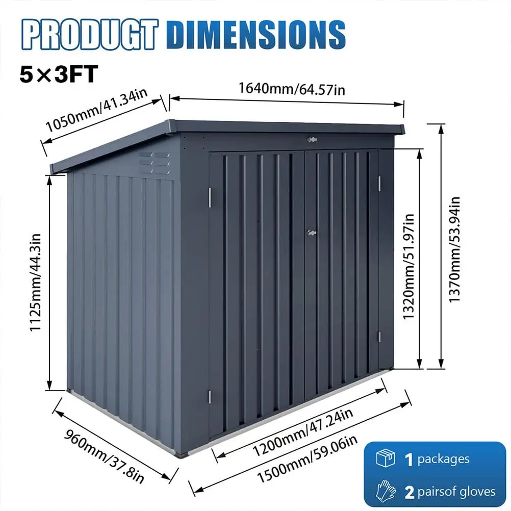 Outdoor Trash Can Storage Shed Lift-Up Lid Double Doors 5x3 FT, Customized