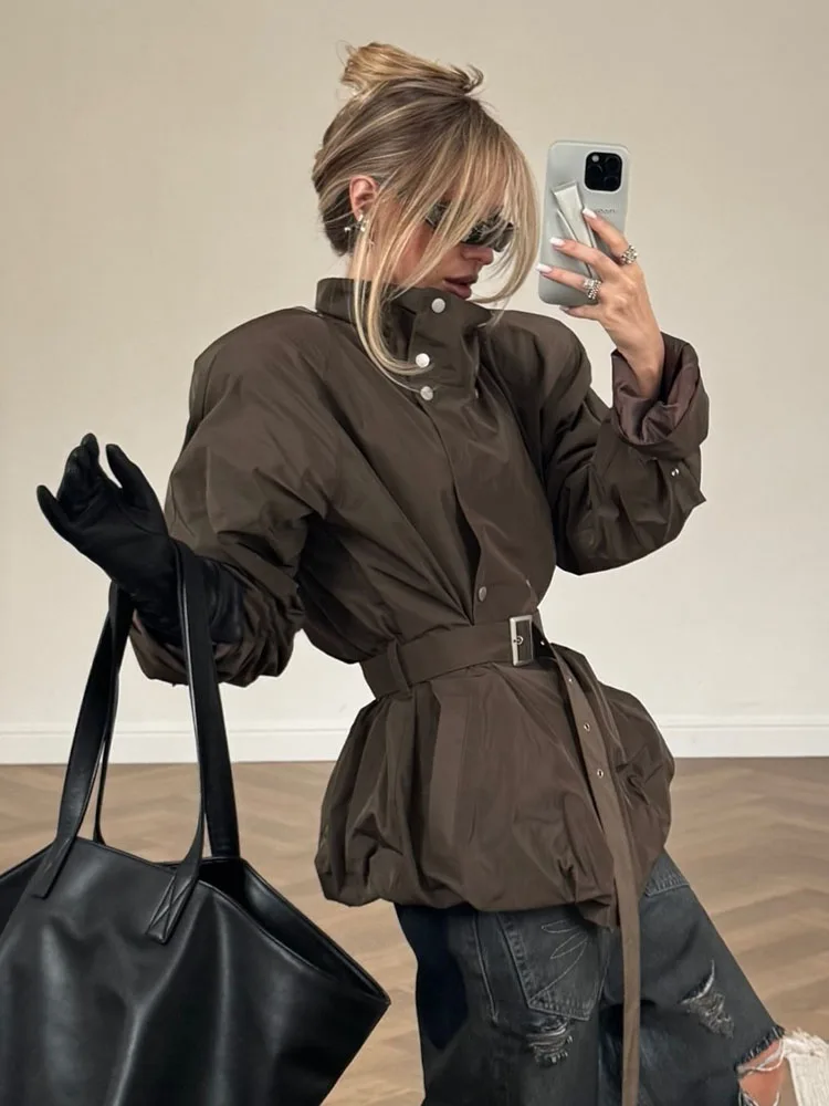 HH Woman Spring Fashion Long Sleeves Stand Collar Double Breasted Belt Decoration Loose Windbreaker Female Keep Warm Jacket