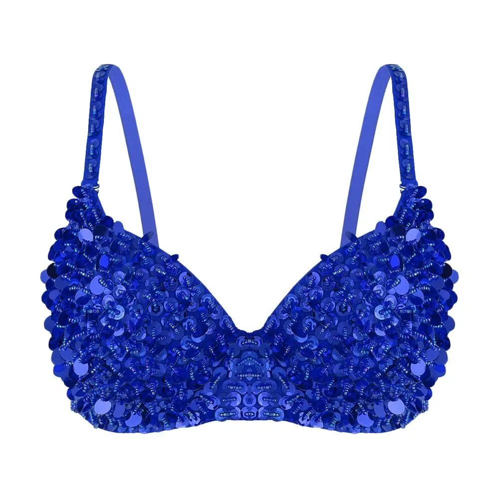 Charming Sequins Beading Belly Dance Bustier Bra Sparkle Padded Stage Performance Top Glittering Shiny Show Costumes Women