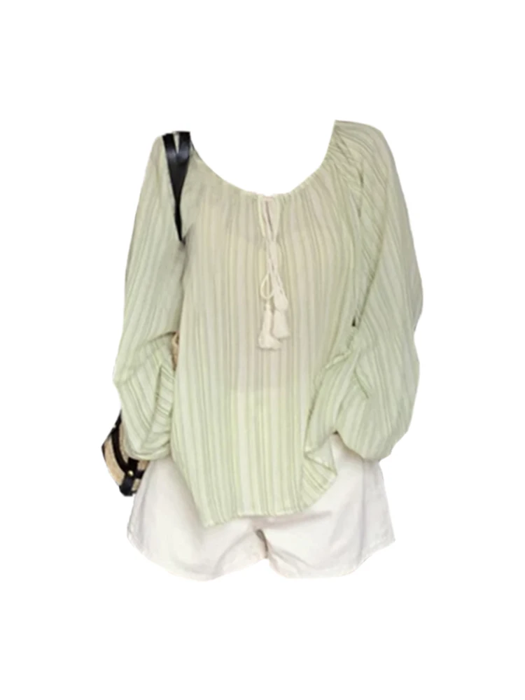 

Fashion Casual Striped Shirts O-Neck Lantern Sleeve Suspender Beach Blouses 2023 Gyaru Summer Y2k Loose Fit Coquette New Trend