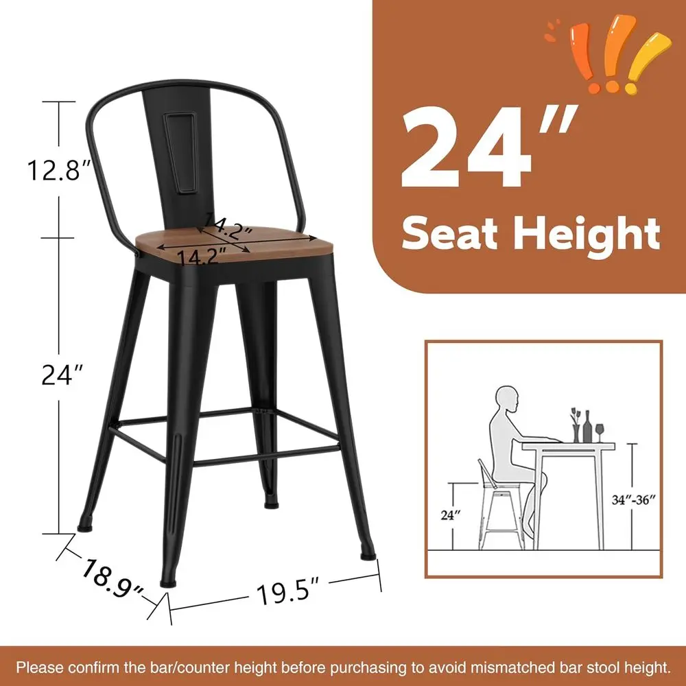 Barstools Set o 4 Counter Height Bar Stools or Kitchen Island armhouse Metal High Back Bar Chairs Wooden Seat 24