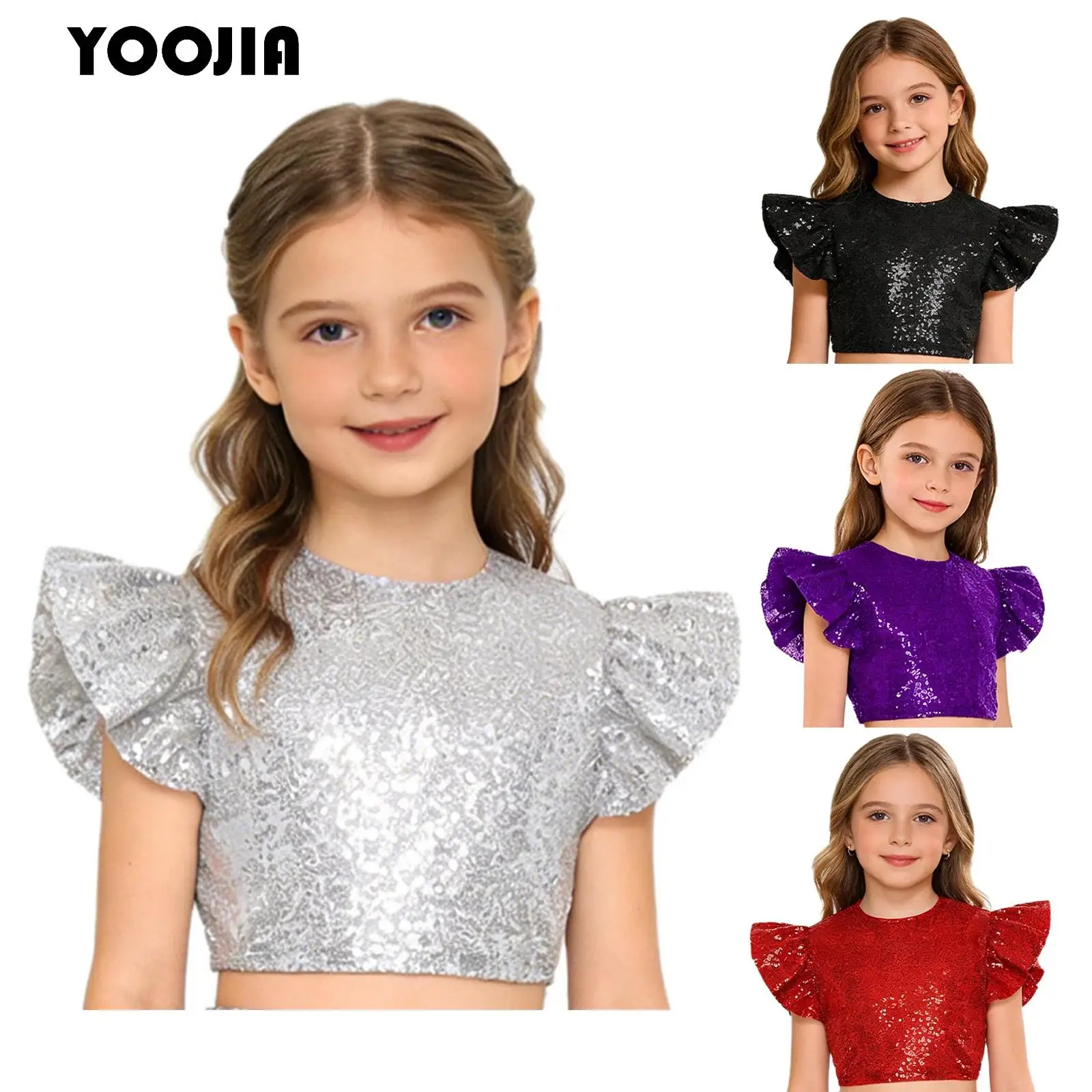 

Kids Girls Jazz Street Dance Glittery Sequin Crop Top Ruffled Fly Sleeve Zipper Fully Lined Blouse Top Birthday Party Costumes