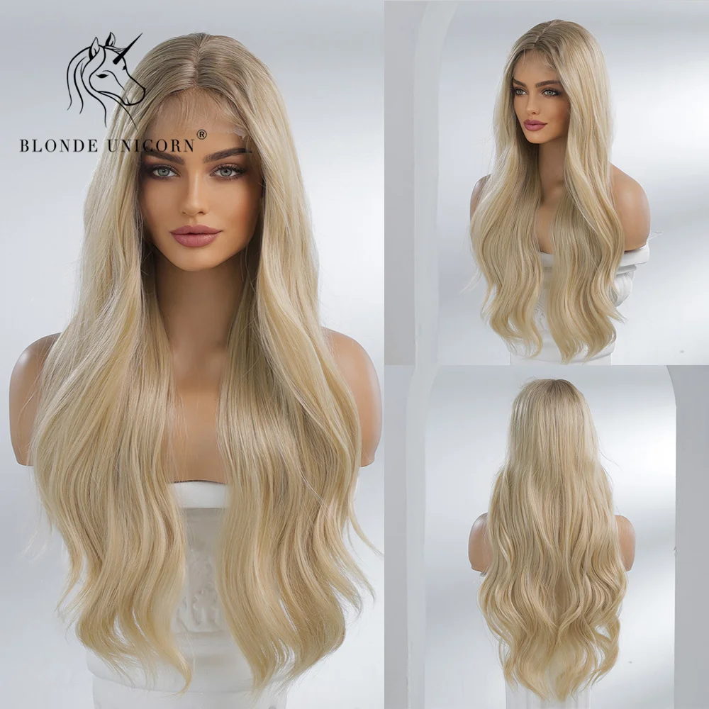 Blonde Unicorn Synthetic Lace Part Long Wavy Blonde Hair Wigs For Black White Women Heat Resistant Fiber Daily Use