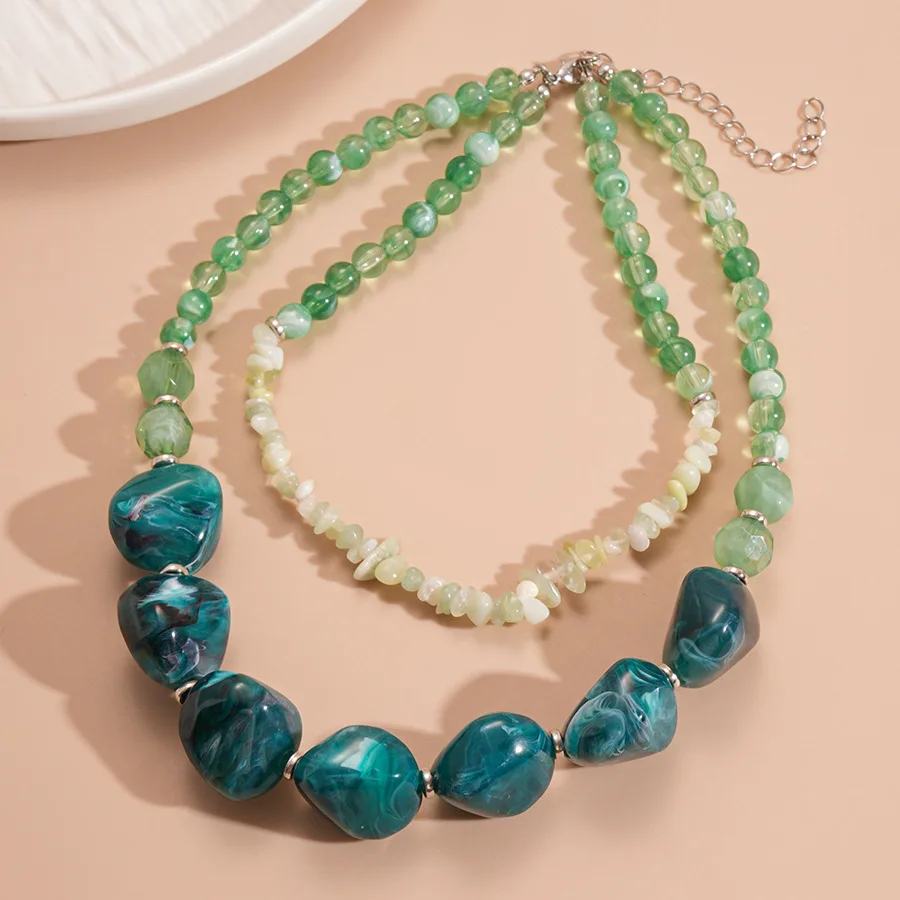 Double Layer Irregular Green Smudging Acrylic Chokers Necklaces for Women Hyperbole Vintage Beads Neck Chains Banquet Jewelry D1