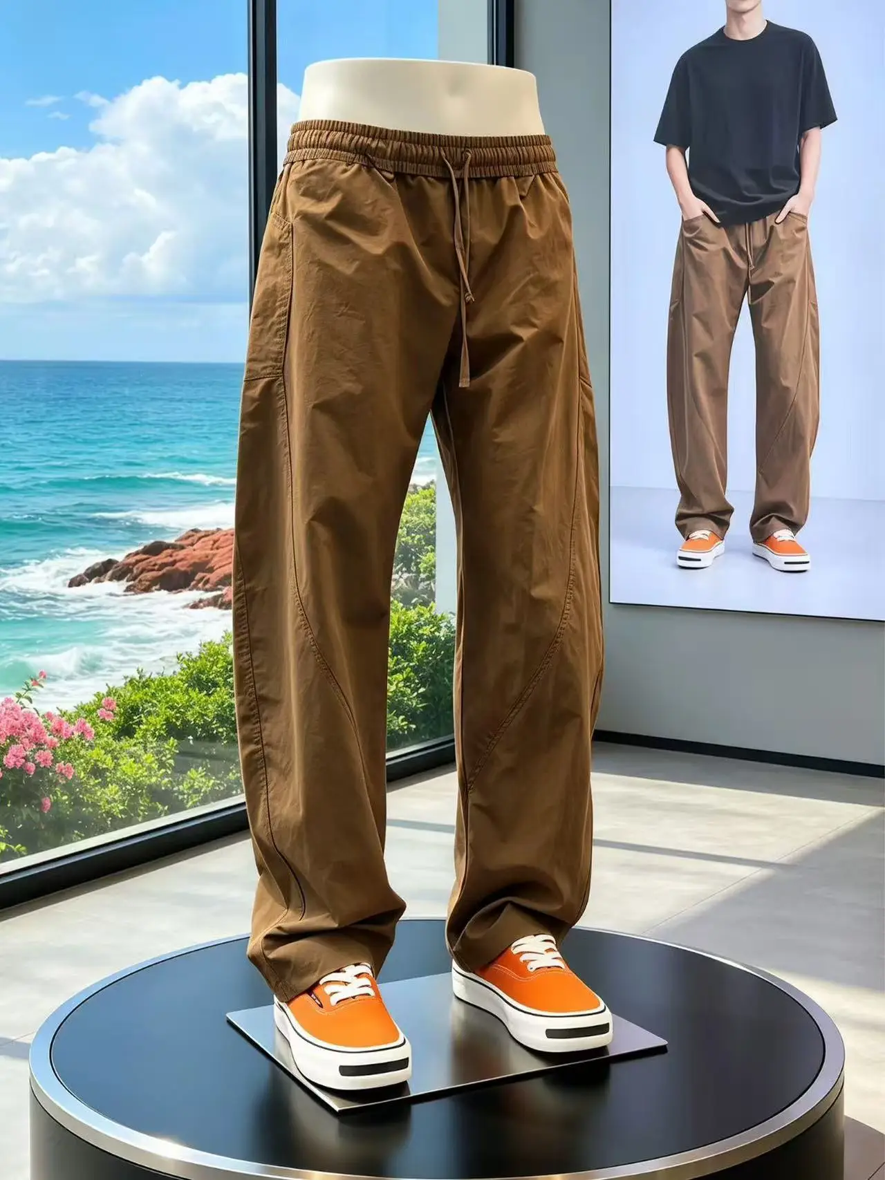 Retro Brown Nylon Angle Cut Knife Pants Men's Summer Quick Dry Splicing Workwear Loose Wide Leg Casual Pants