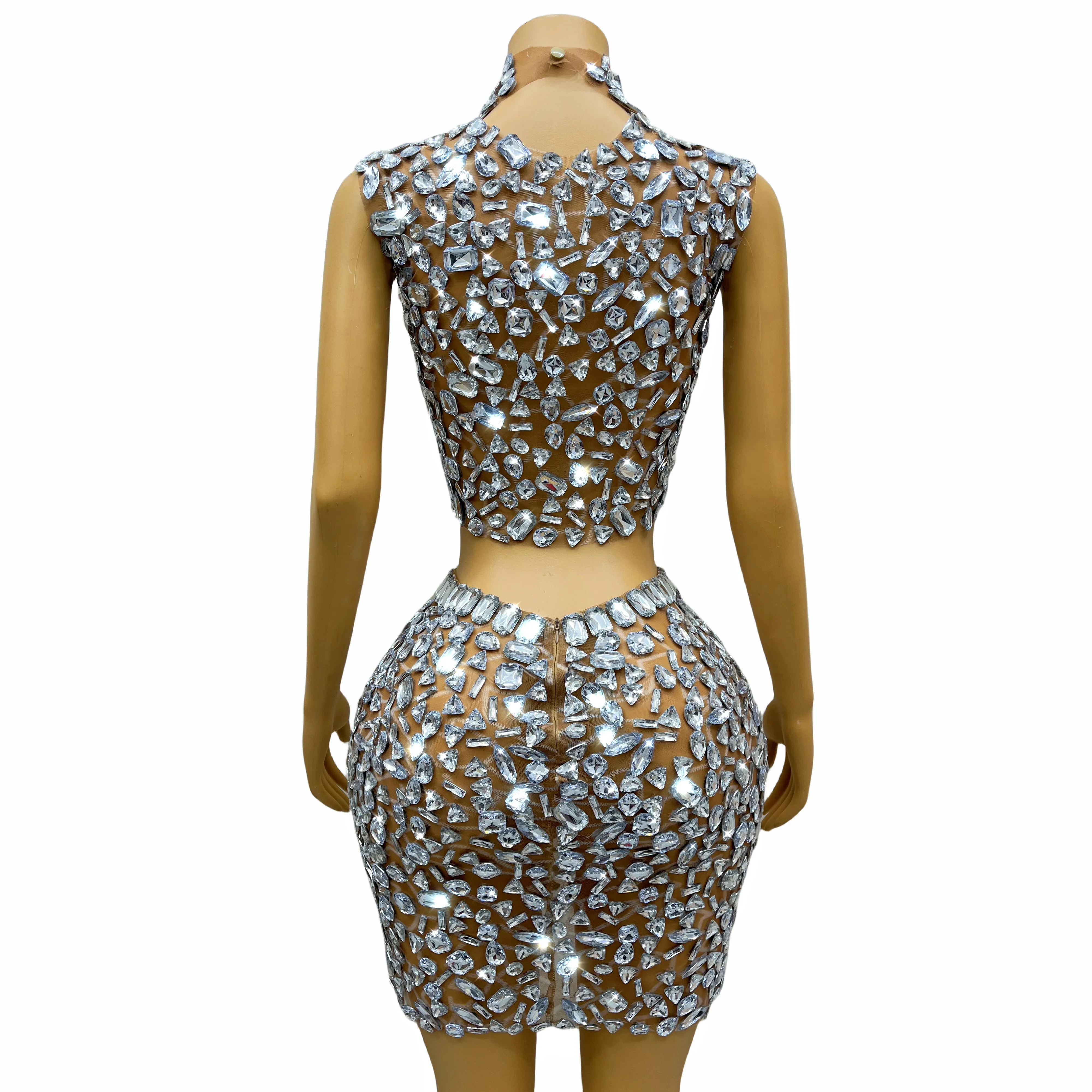 Prata grande strass brilhando saia superior conjunto sexy cristais transparentes roupa festa de aniversário coleções xingguang