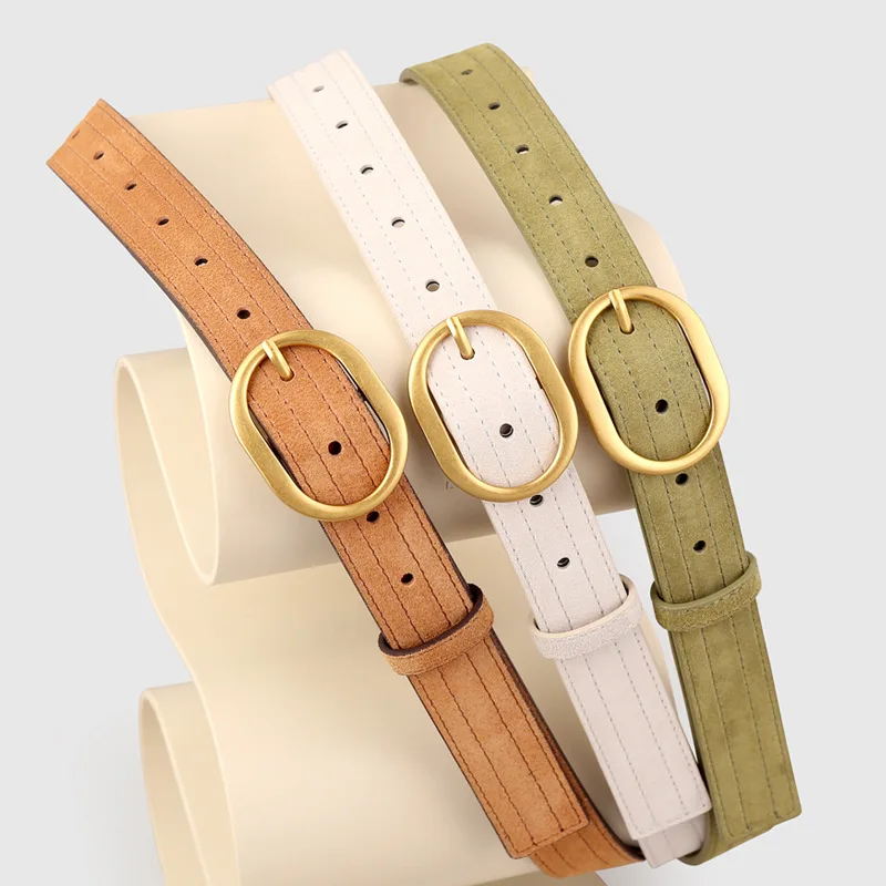 2025 Autumn Luxury Suede Real Leather Jeans Waist Belt for Women Green White Brown Vintage Cowskin Ceinture Femme Cinturon Mujer