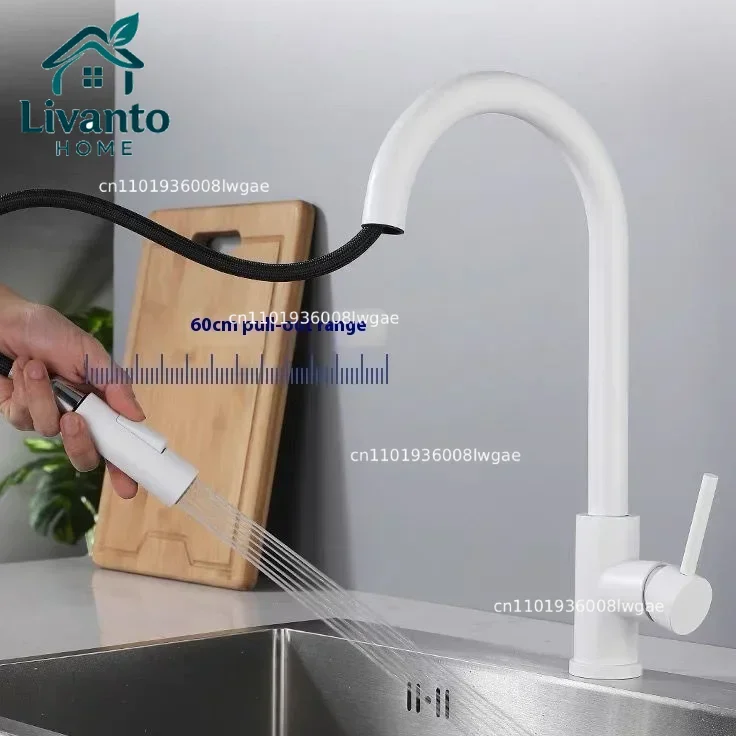 

White 304 Stainless Steel Kitchen Pull-out Faucet - Rotatable Sink Faucet for Vegetable Washing, Multi-functional Sink Faucet