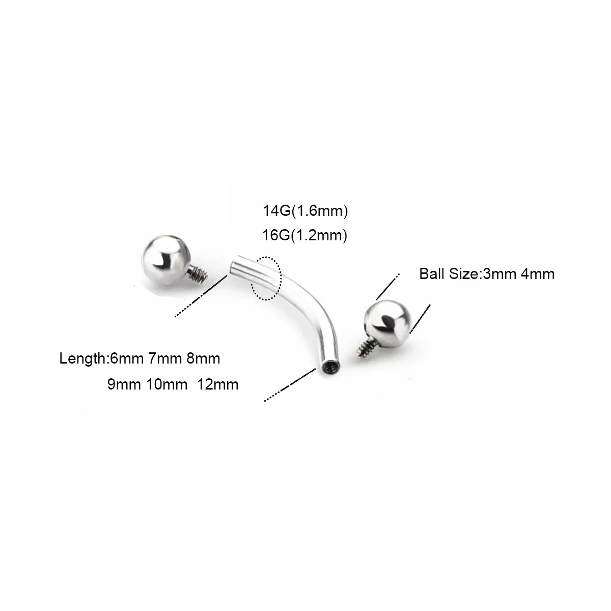 10 Pcs ASTM F136 Titanium 14G 16G Curved Barbell Eyebrow Internal Thread Tragus Helix Ear Belly Lip Ring Body Piercing Jewelry view 3
