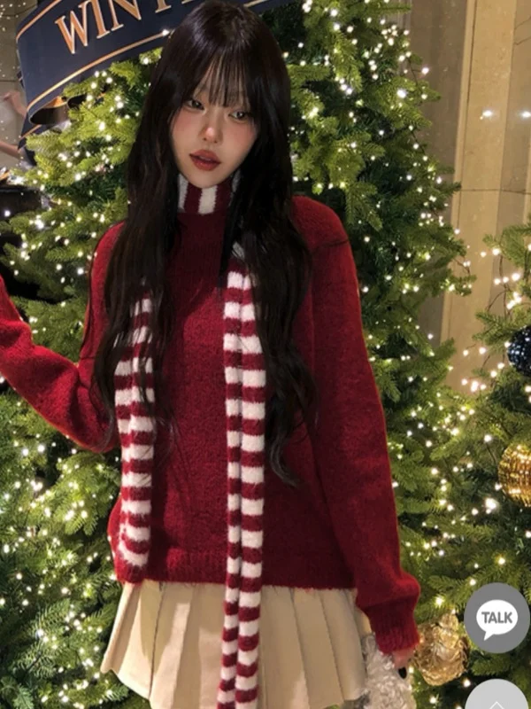 

Korean Sle Soft Cozy Women's Knitted Sweater Aosphere Design Red Color Set with Scarf Trendy Faion Winter Long Coat