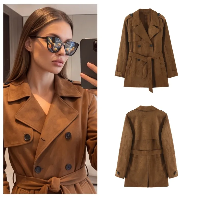 Guobioziy 2026 Vintage Commuter Loose Laid Back Style Women Faux Suede Trench Coat Double Breasted Notched Lapel Fall Outerwear