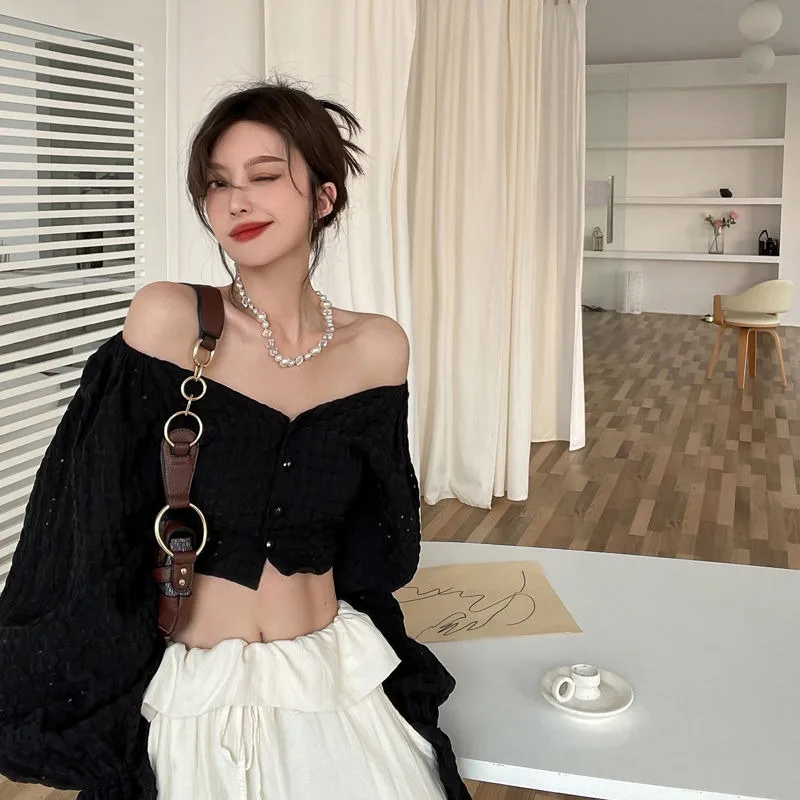 Lady Sexy Hollow out Short Shirt New Long Sleeve V-neck Top Fashion Korean Style Bell Sleeve Shirt