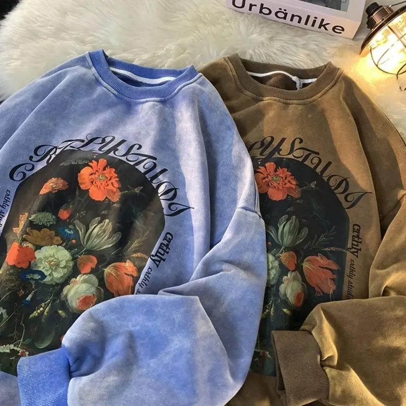 Vintage Washed and Worn Distressed Oversized Sweatshirt Mens Europe Oil Painting Flowers Aesthetic Y2K Top Loose Casual Clothes