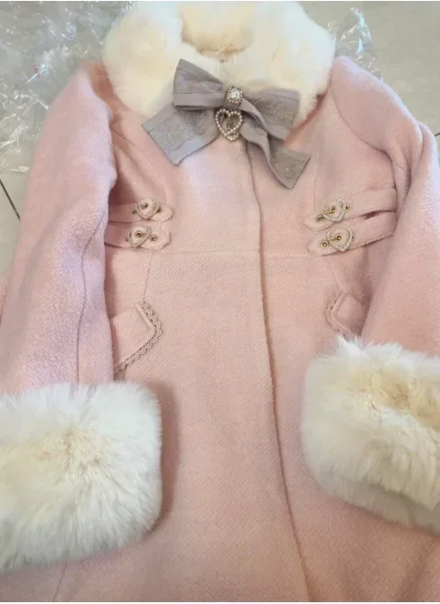 Japanese Sweet Bow Slim Medium Long Woolen Coat Winter New Faux Fur Collar Lolita Girl Women\'s Pink White Wool Coats Overcoat