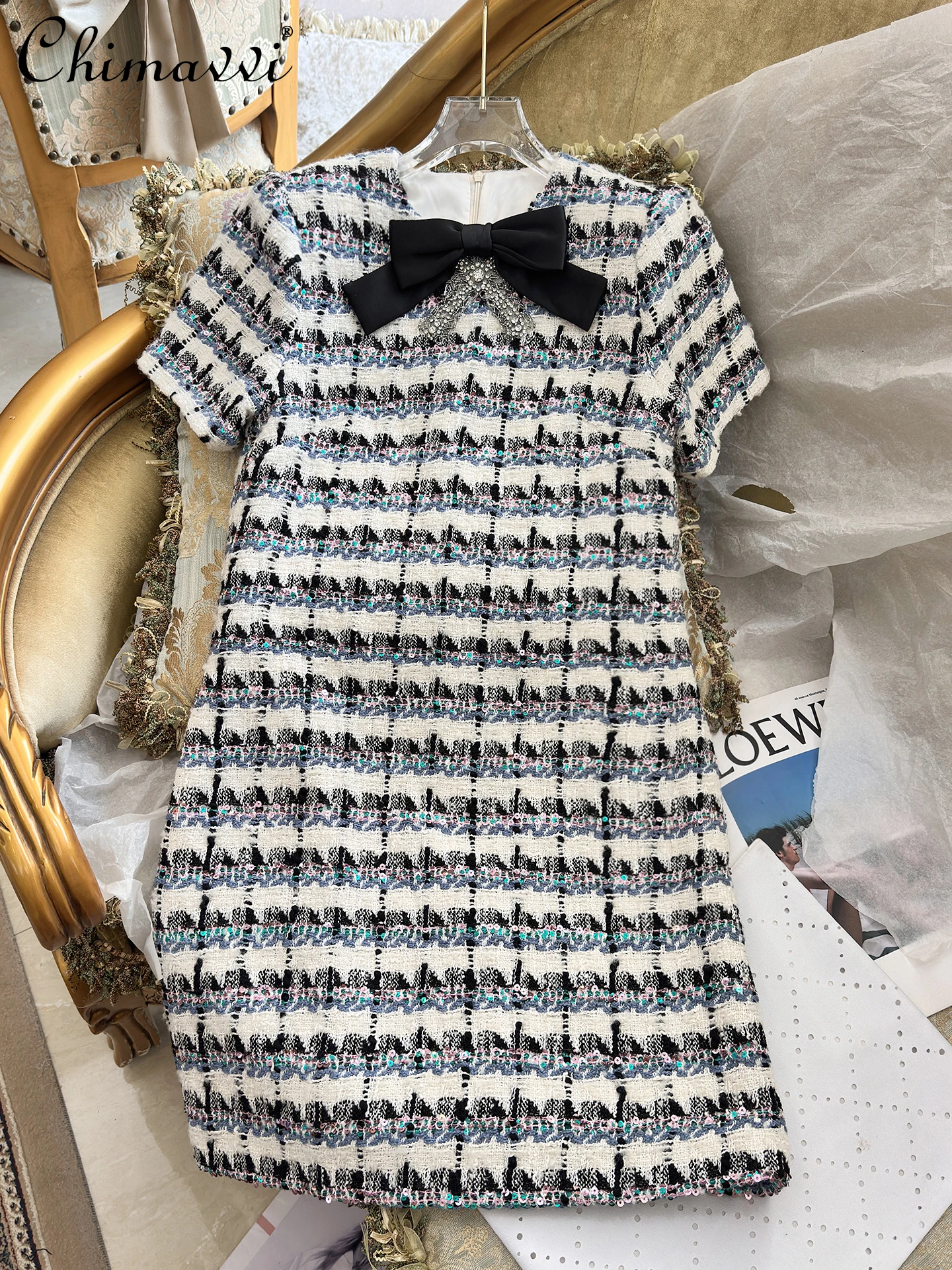 

2025 Autumn and Winter New Heavy Industry Tweed Bow Dress Fashion Light Luxury Socialite Loose Temperament Party Women's Dress
