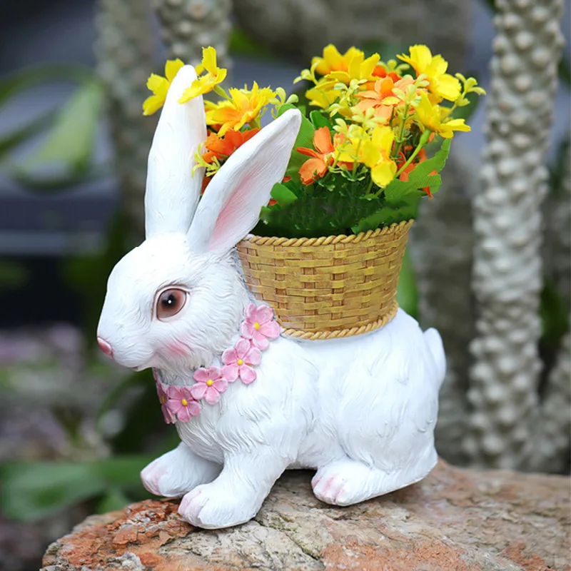 Rabbit Flowerpot Resin Process Rabbit Ornament With Back Basket Outdoor Decoration For Courtyard Garden