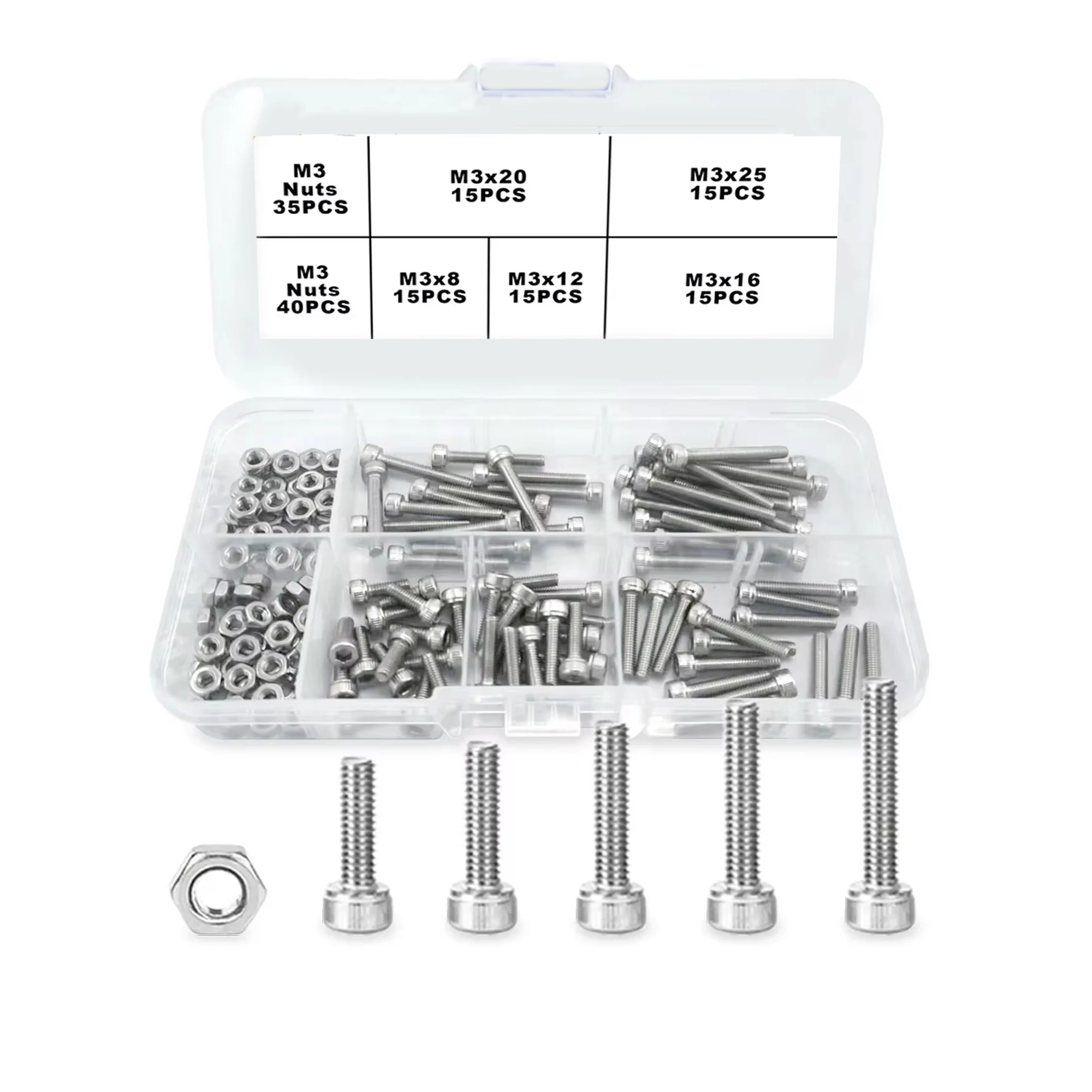 

150pcs/box Hex Head 304 Stainless Steel M3 Screw And Nut Set Hexagon Screws Bolts Nuts For Small DIY Repair Projects