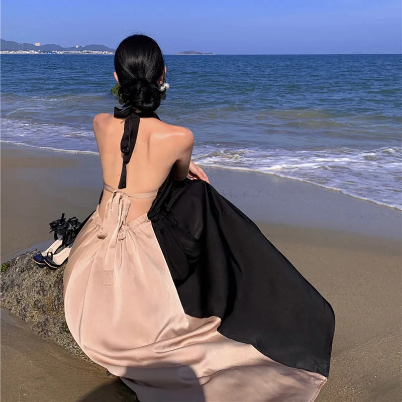 

Boutique Sexy Backless Neck Midi dress Women's slim Seaside Vacation Long Party Vestidos Y2K lady Summer2024 Beach Bohemia dress