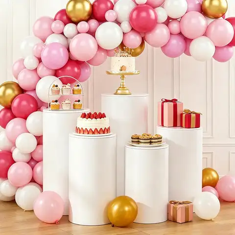 5 Pcs White PVC Cylinder Pedestal Stands Set for Party Round Cake Display Stands Wedding Centerpiece Columns Dessert Table Birthday Baby Shower Flower Decor